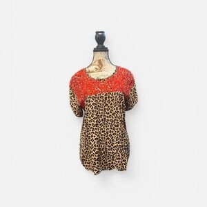 Leopard Print Blouse Red Floral Embroidery Boho Top Short Sleeve Boutique Wear